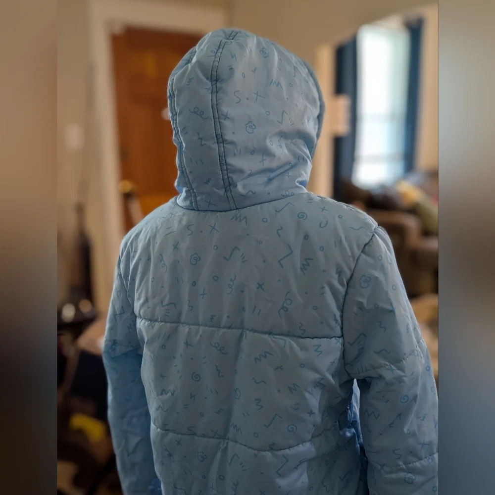 Disney Stitch Puffer Jacket Youth Sz 14/16 Blue Hood‎ Winter Coat Lilo & Stitch